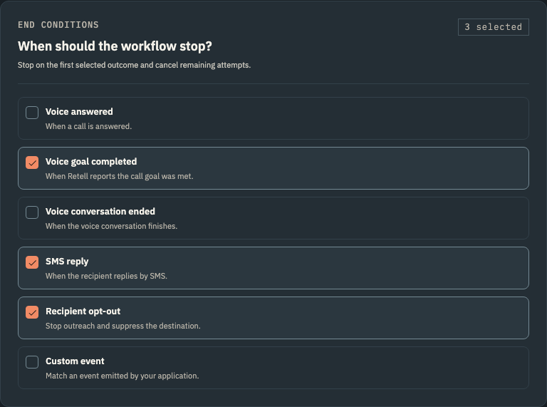 Tremi stop conditions with voice goal completed, SMS reply, and recipient opt-out selected to cancel remaining attempts.